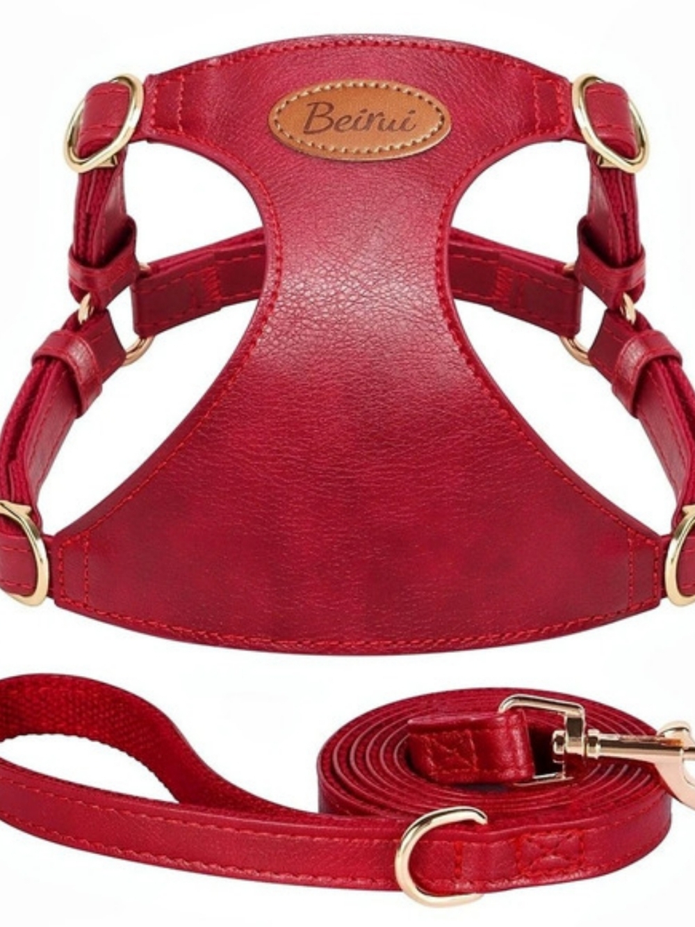 Beirui Small Dog Harness and Leash Set, PU Leather, Red, Size Small